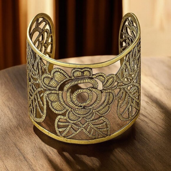 Vintage Style Trendy Boho Chic Floral Wide Cuff Bracelet Antique Gold Finish - Picture 12 of 12